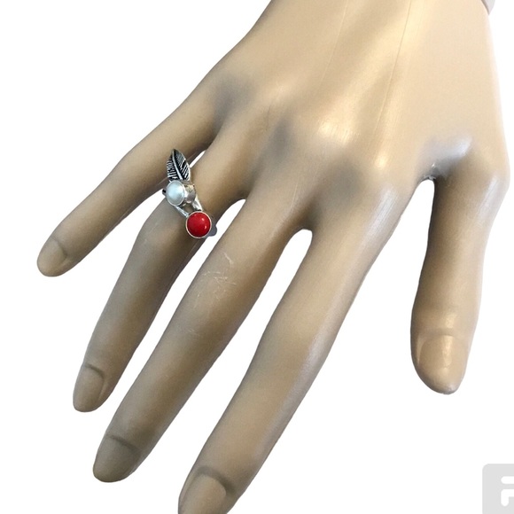 Feather Pearl &  Coral Silver Ring Gemstone Southwest Boho Minimalist - Picture 7 of 8